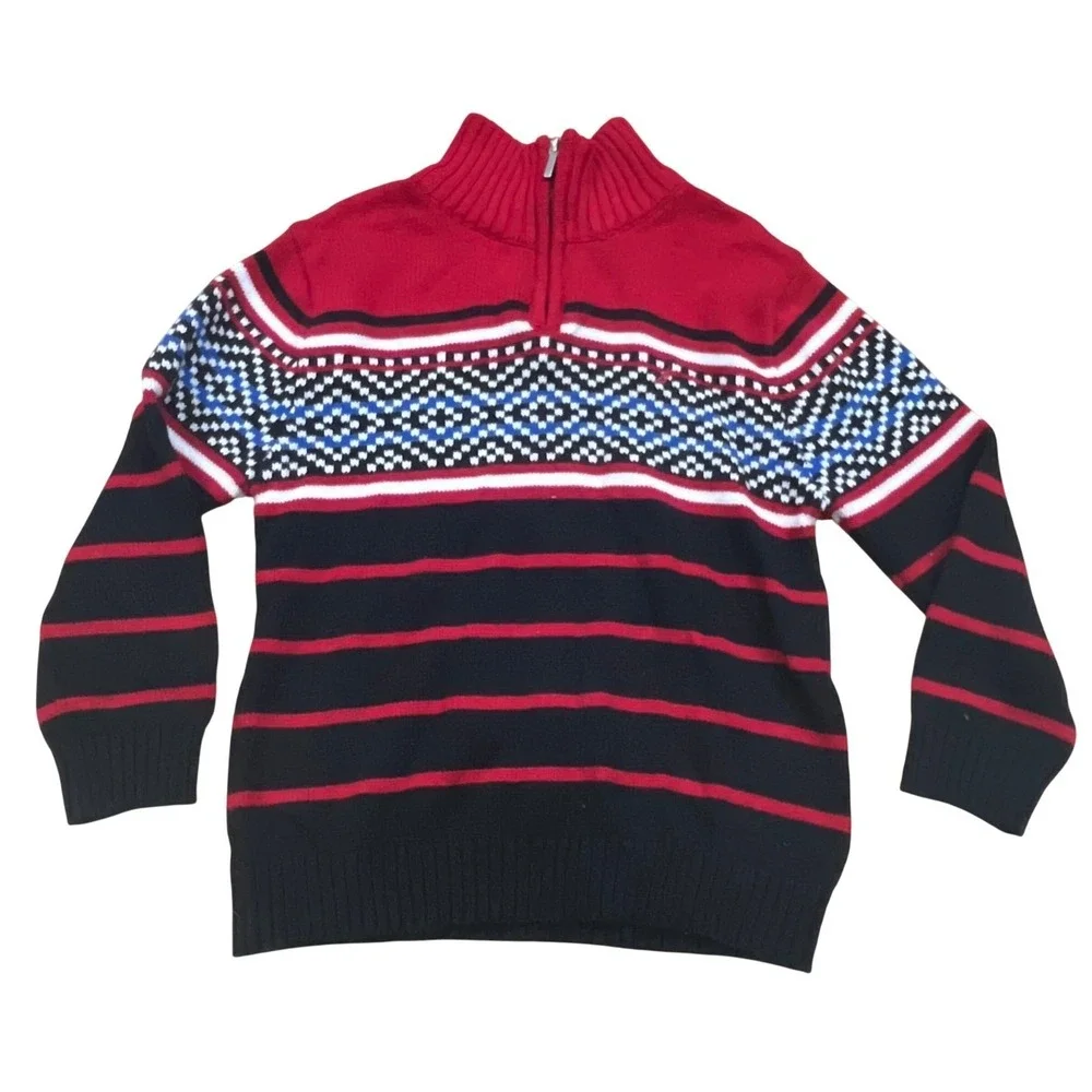 Nautica Kids Red Navy Striped Fair Isle Quarter Zip Cotton Sweater 4T